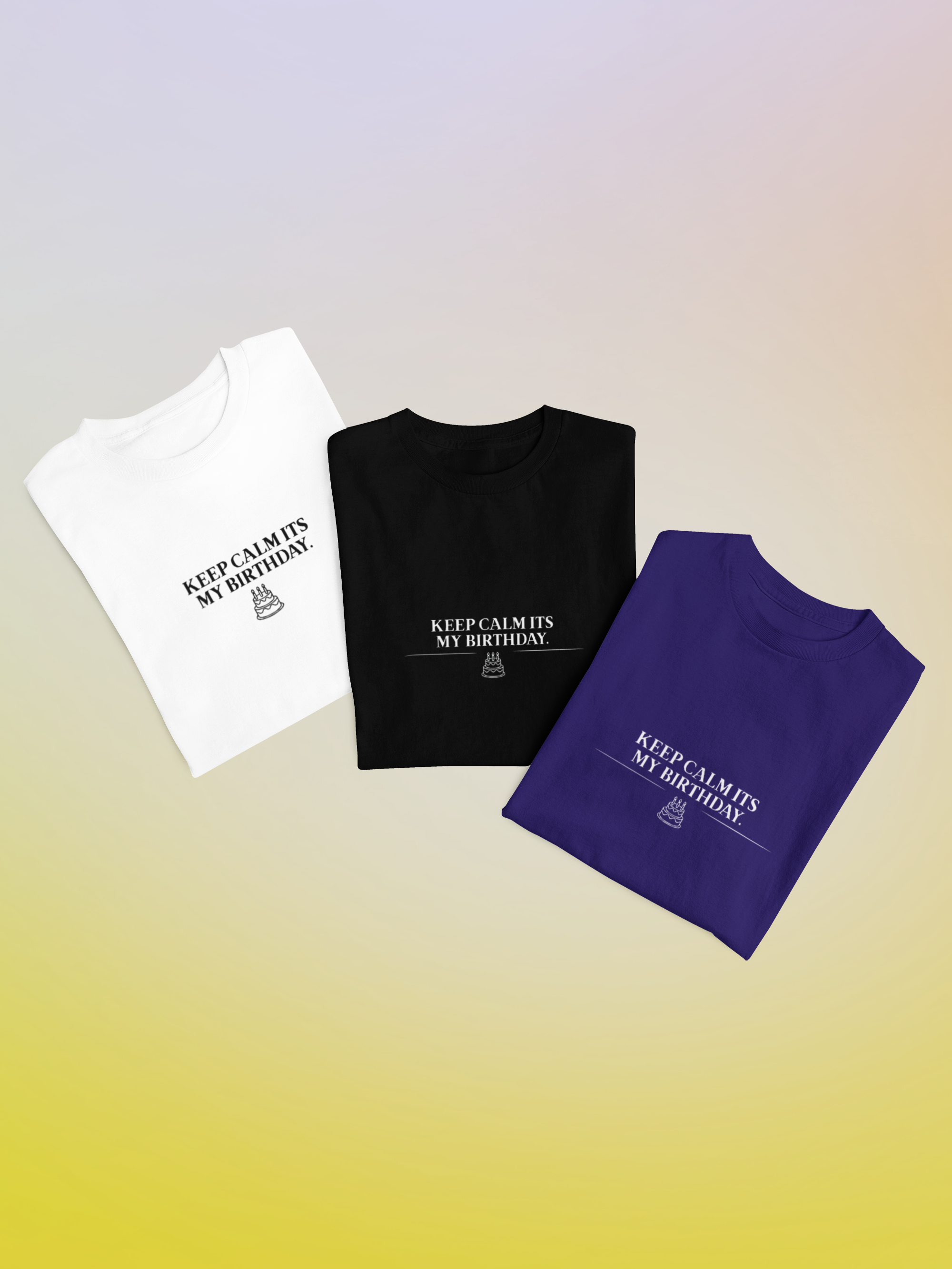Crewneck T-shirts in white, black, and purple with birthday slogan prints