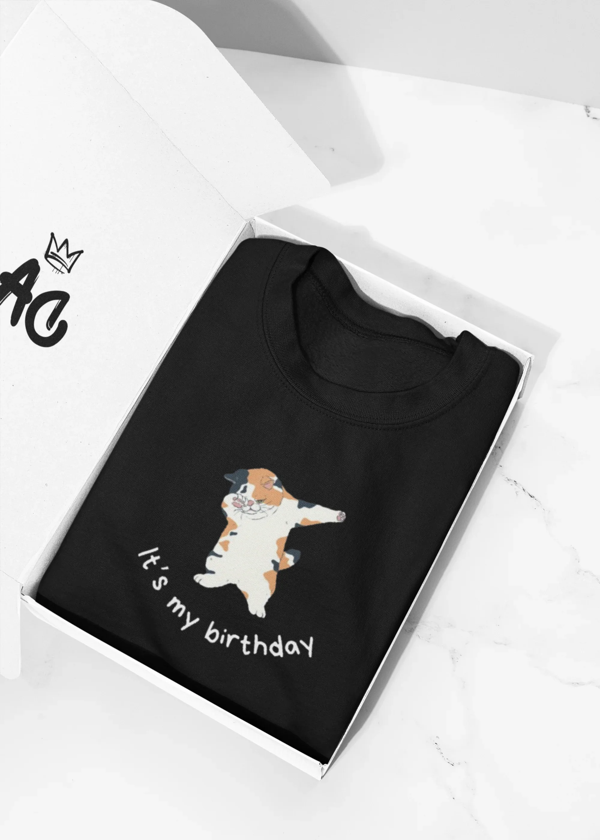 Kids sweatshirt, black with dabbing cat and “It’s my birthday” text graphic