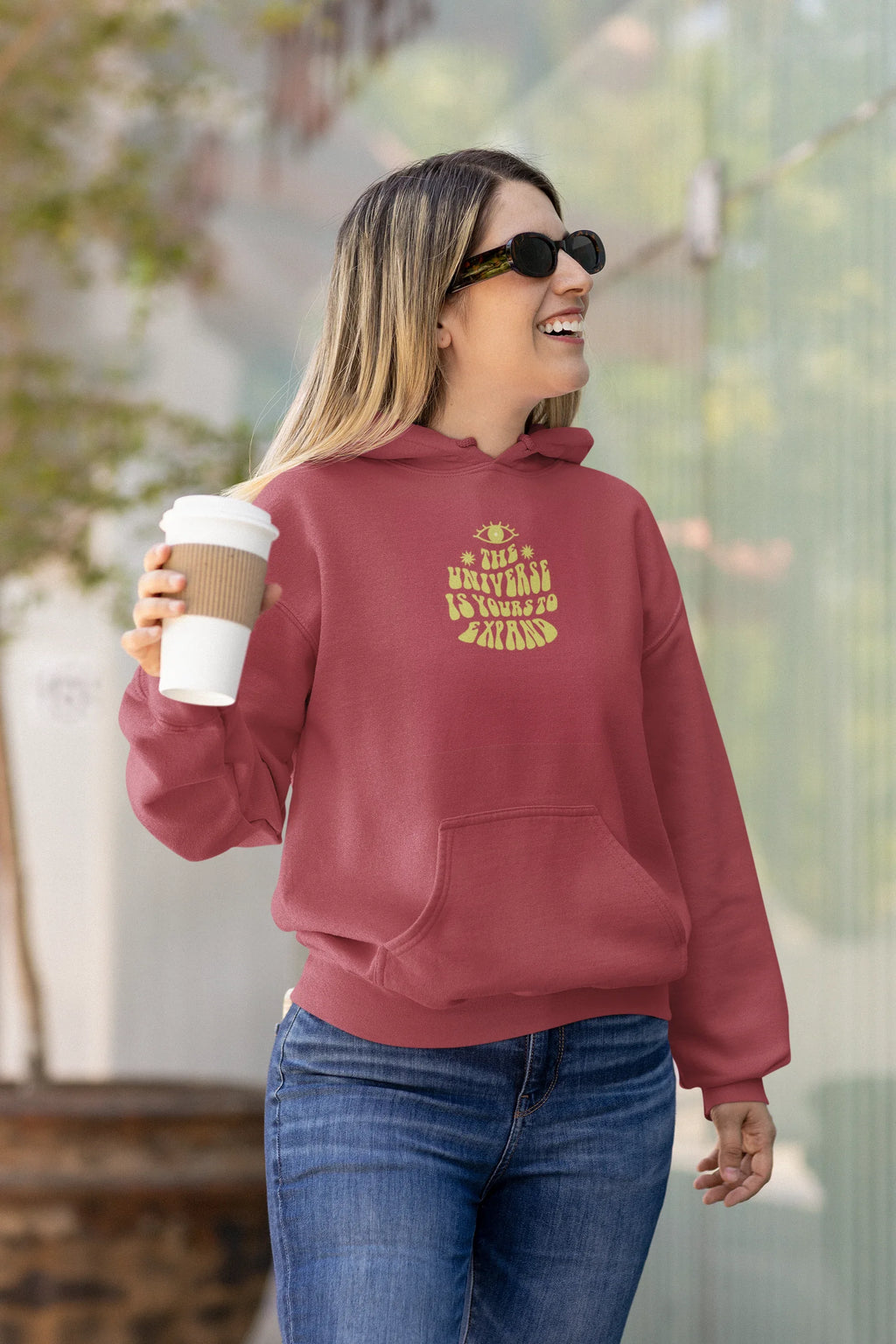 Burgundy unisex hoodie with drawstring hood and front pocket