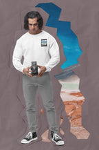 White sweatshirt with embroidered camera icon and name EDDIE on left chest
