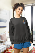 Black unisex sweatshirt with colorful star embroidery, crew neck