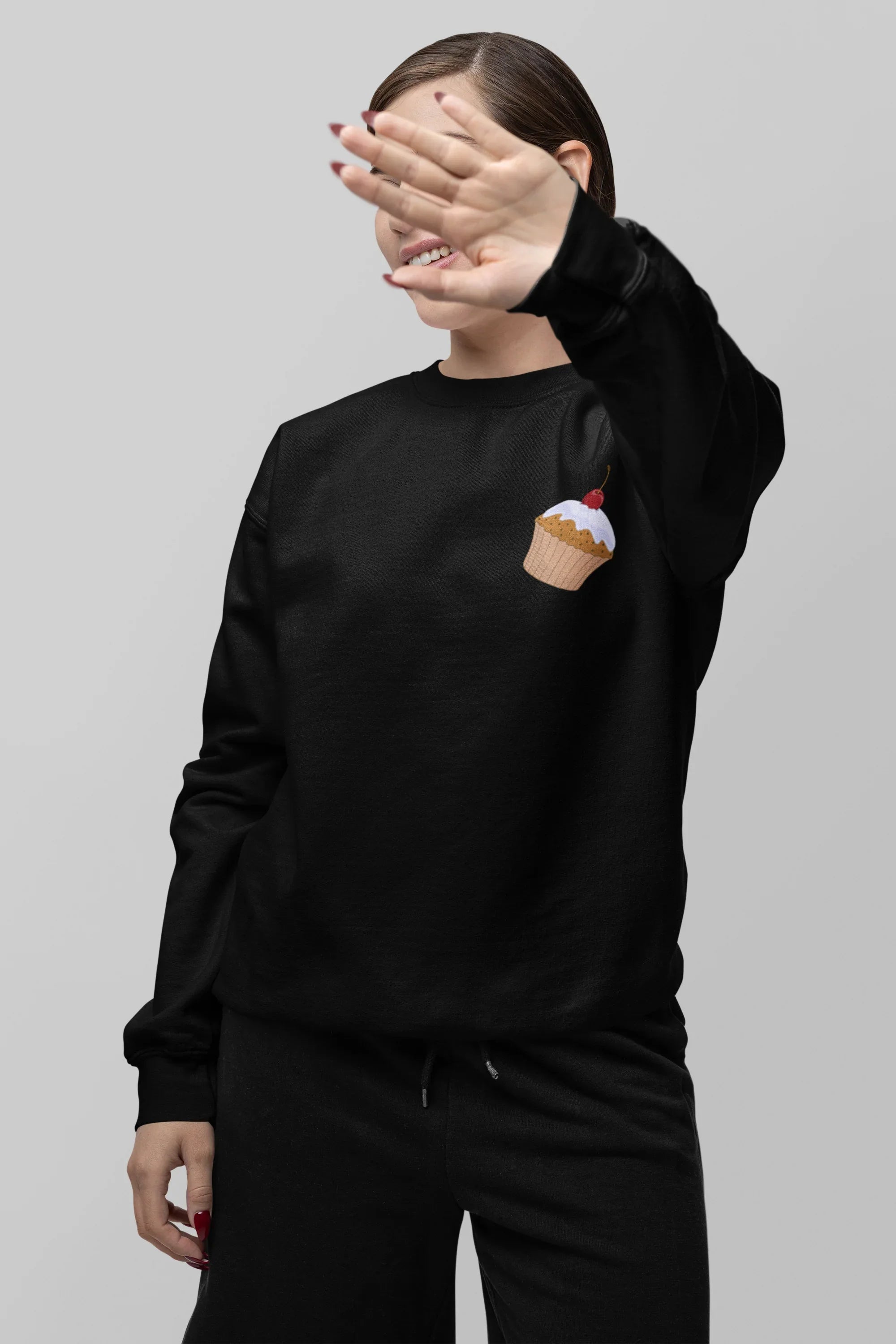Black cupcake sweatshirt with front cupcake graphic patch, long sleeves
