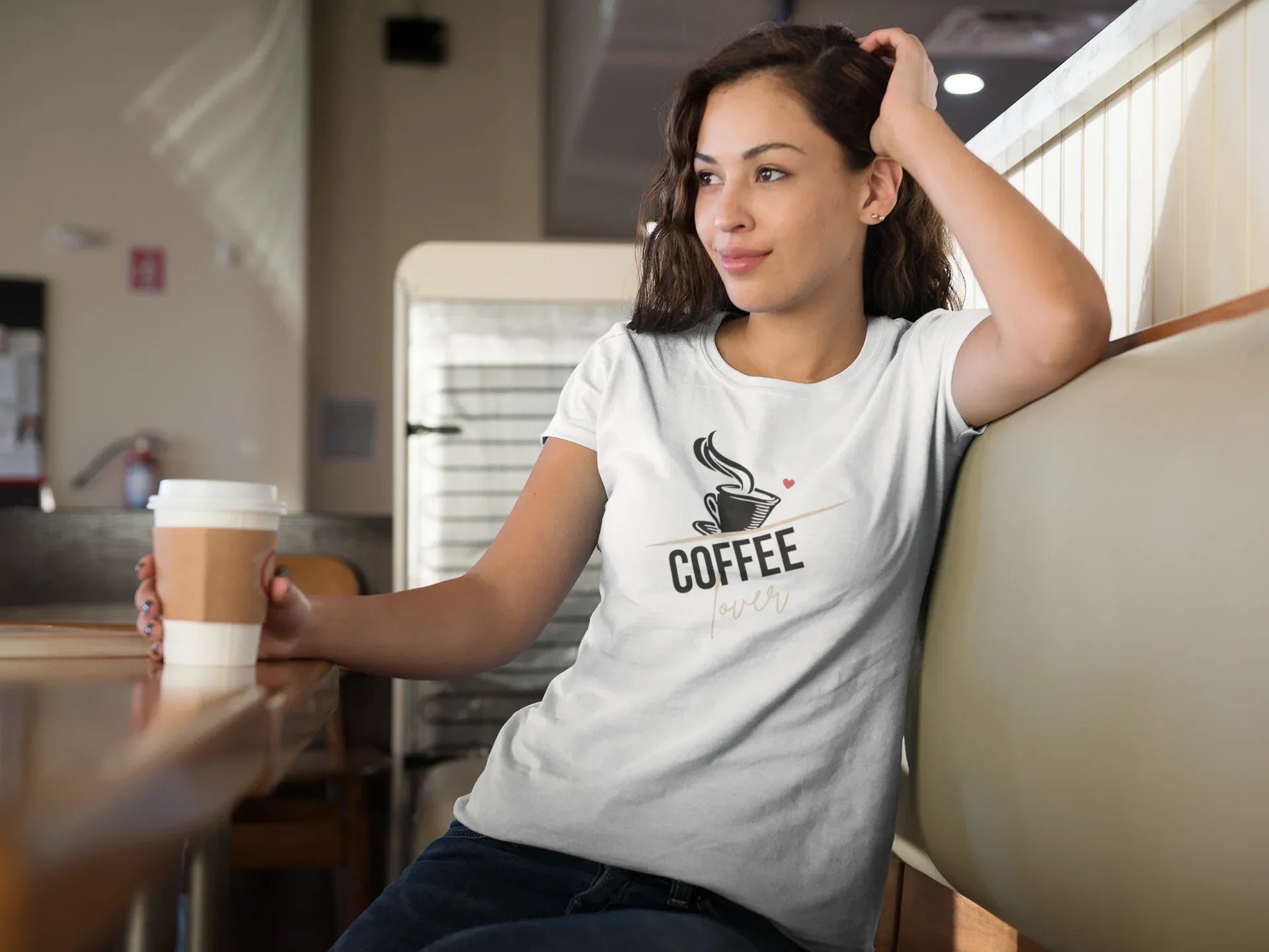 White unisex T-shirt with coffee cup graphic and red heart on chest