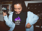 Light blue hoodie with front pouch pocket and purple flame-style text graphic.