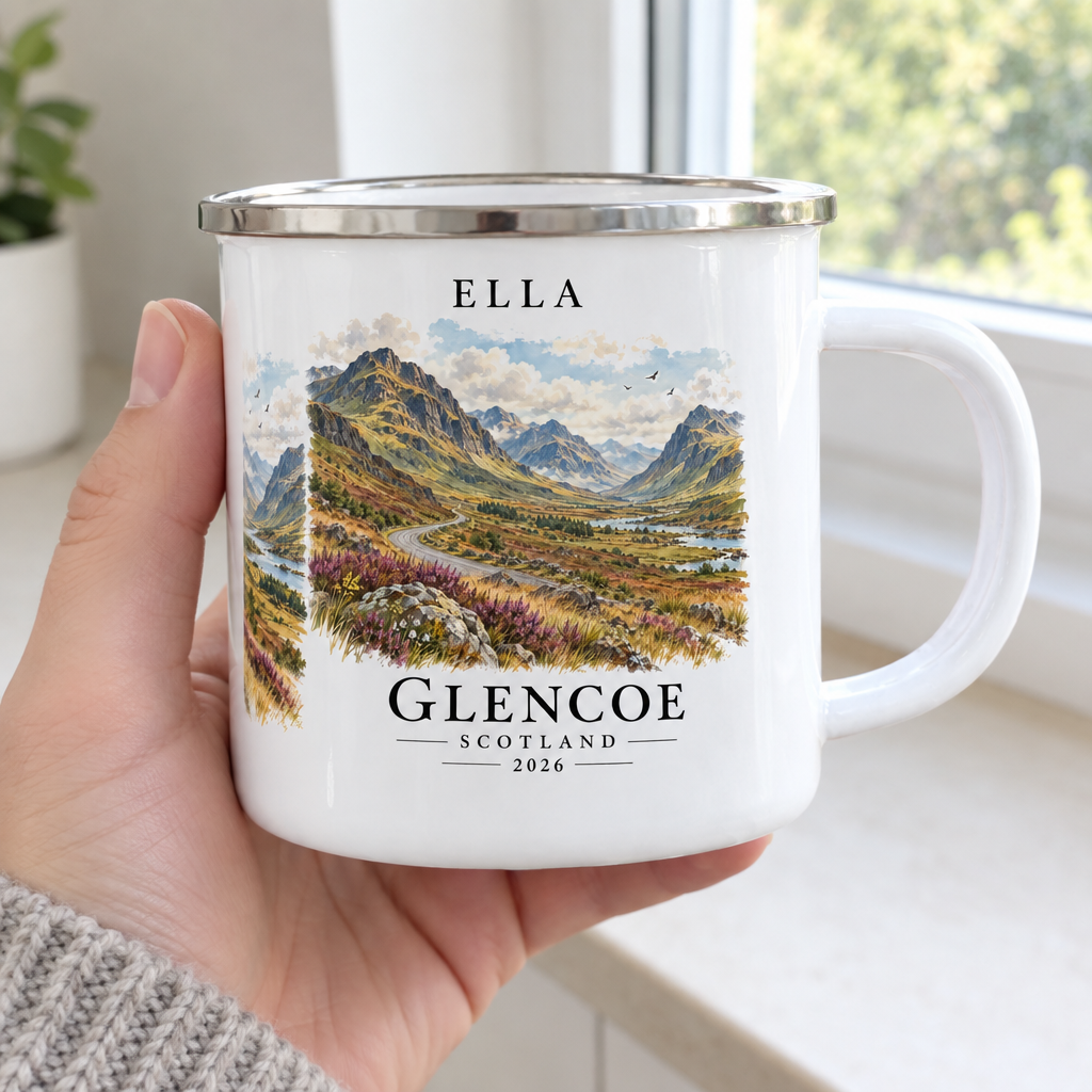 Glencoe mug held in hand with Ella