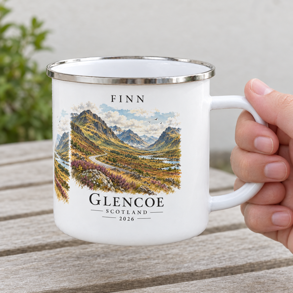 Glencoe mug held in hand with Finn