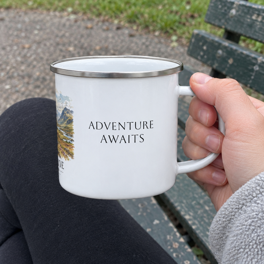 Glencoe mug with Adventure Awaits wording