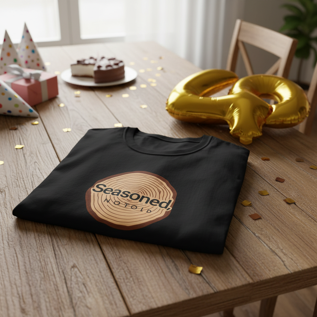 Black t-shirt with round wood-slice graphic and Seasoned logo, folded on table