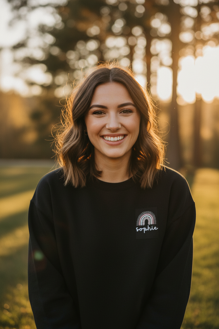 Black crewneck sweatshirt with embroidered rainbow arch and name patch