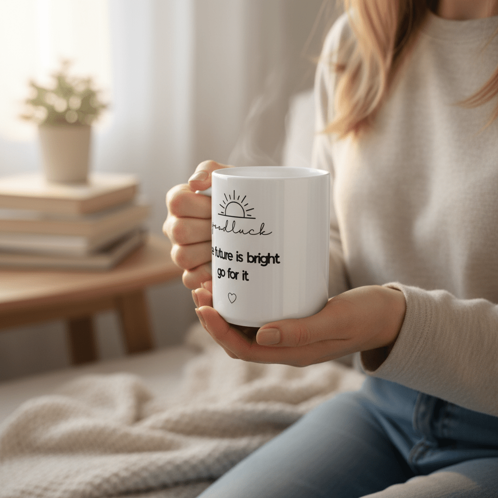 White coffee mug with 'good luck' quote and heart icon held in two hands