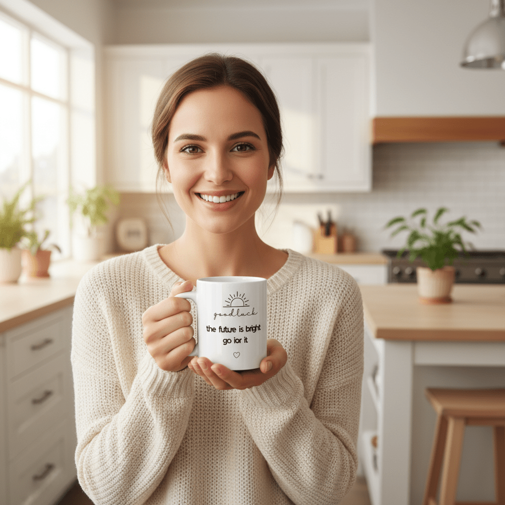 White coffee mug with 'good luck' quote and heart icon held by a smiling person