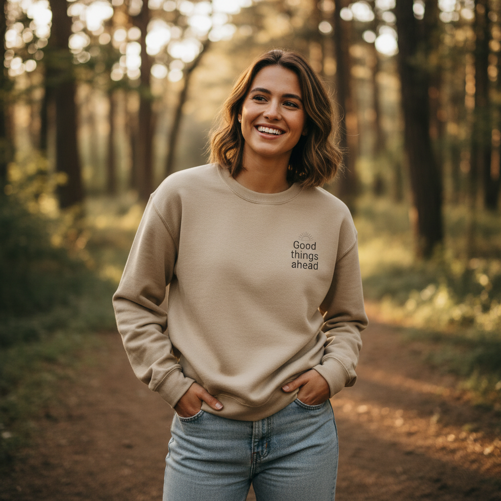 Beige crewneck sweatshirt with small chest logo