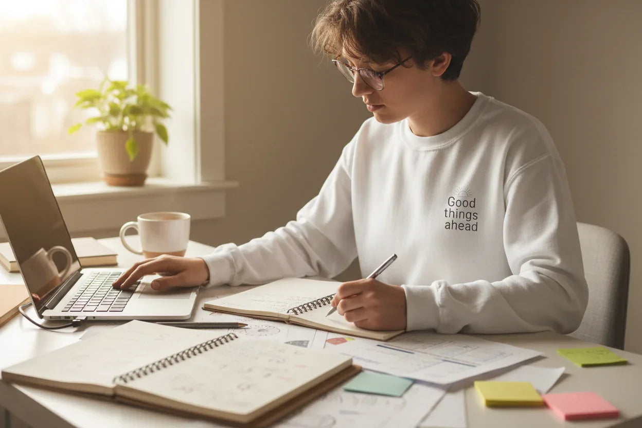 White crewneck sweatshirt with chest logo, worn