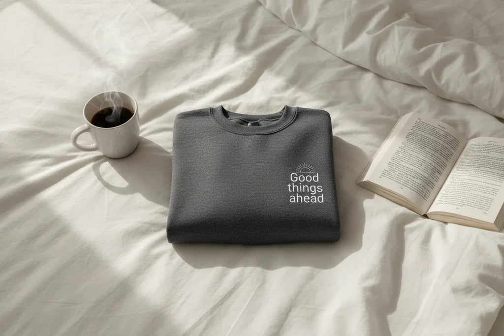 Dark gray crewneck sweatshirt with chest logo, folded flat