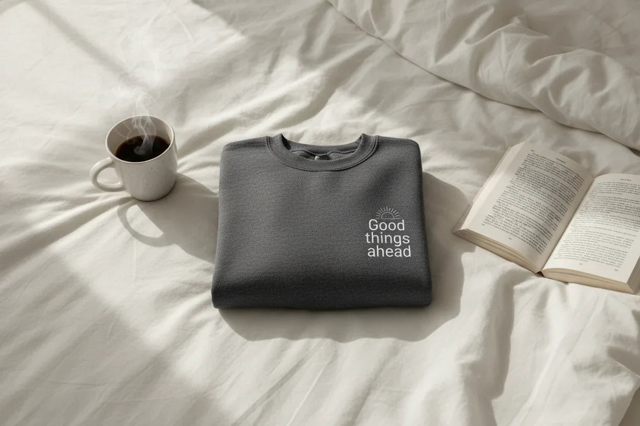 Dark gray crewneck sweatshirt with chest logo, folded flat