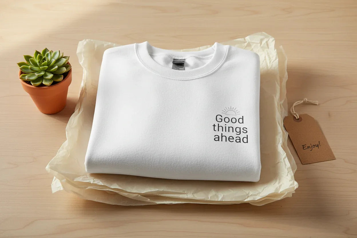 White crewneck sweatshirt with chest logo graphic