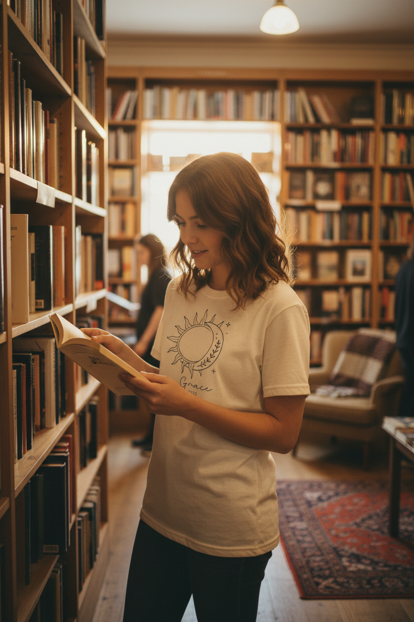 Cream graphic T-shirt with sun-and-moon emblem print on the chest.