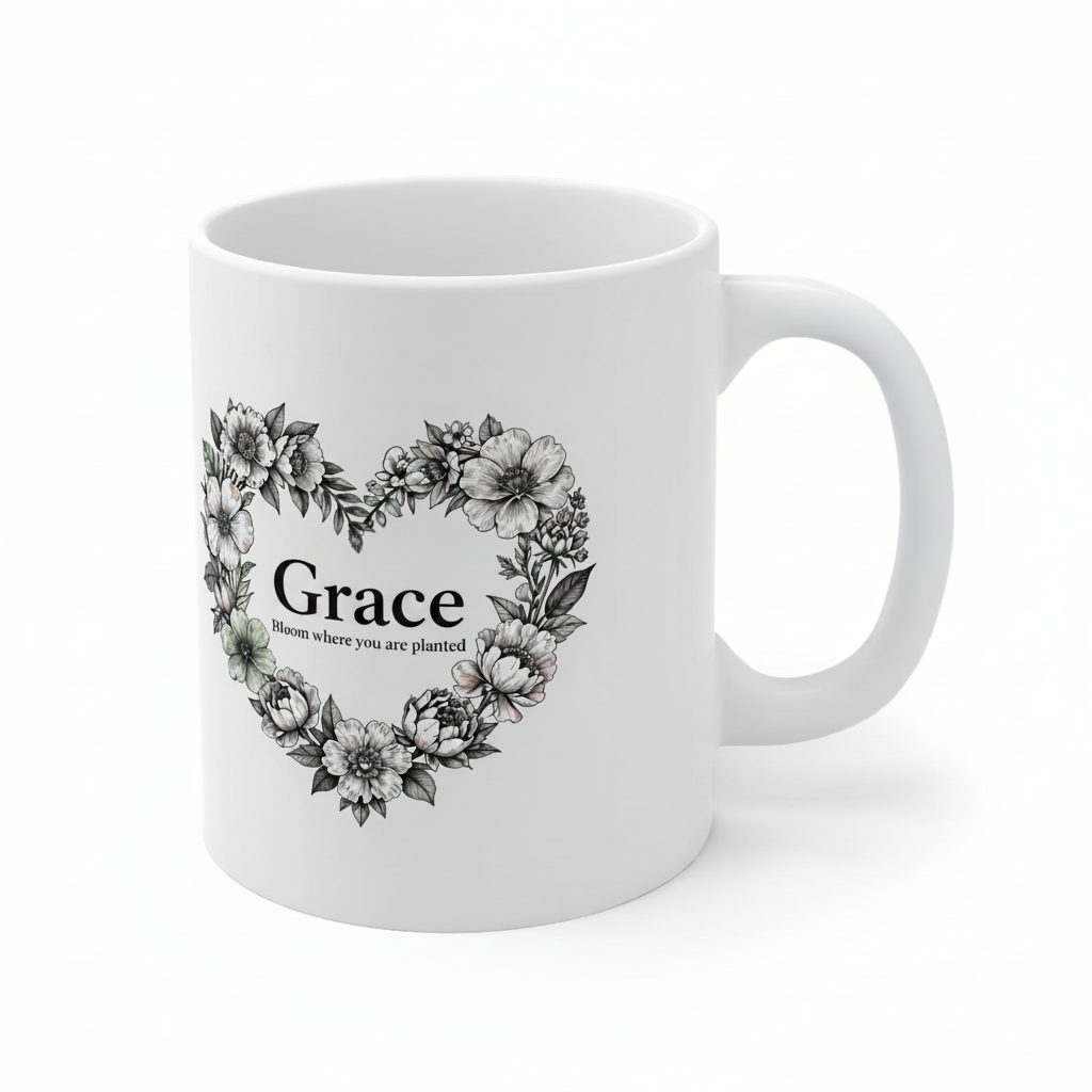 White ceramic mug with floral heart wreath and “Grace” on front