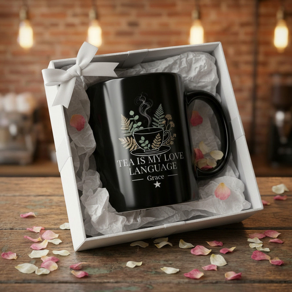 Black personalised tea mug in gift box with bow; 'Tea Is My Love Language'—Grace