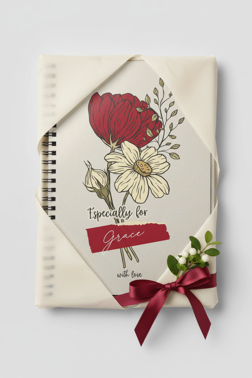 Personalised A5 lined notebook with spiral binding, floral cover and red ribbon bow