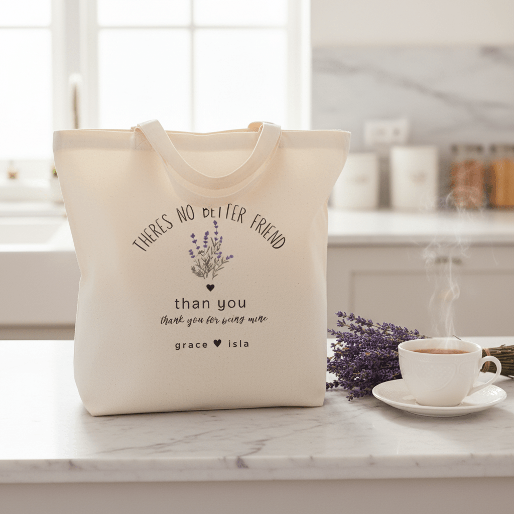 Cream tote bag on table with “There’s No Better Friend” and custom “than you” writing