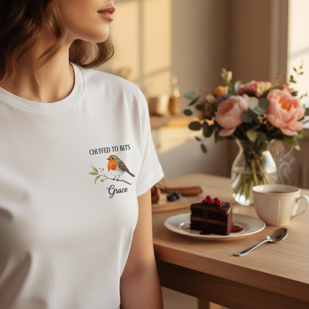 Personalised white T-shirt with bird graphic and custom name 'Grace' on chest