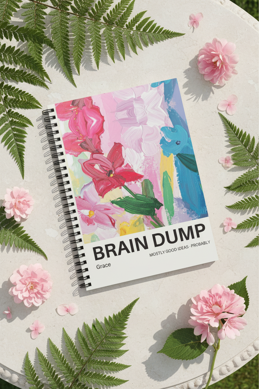 A5 spiral notebook with multicolor floral cover and bold “BRAIN DUMP” text