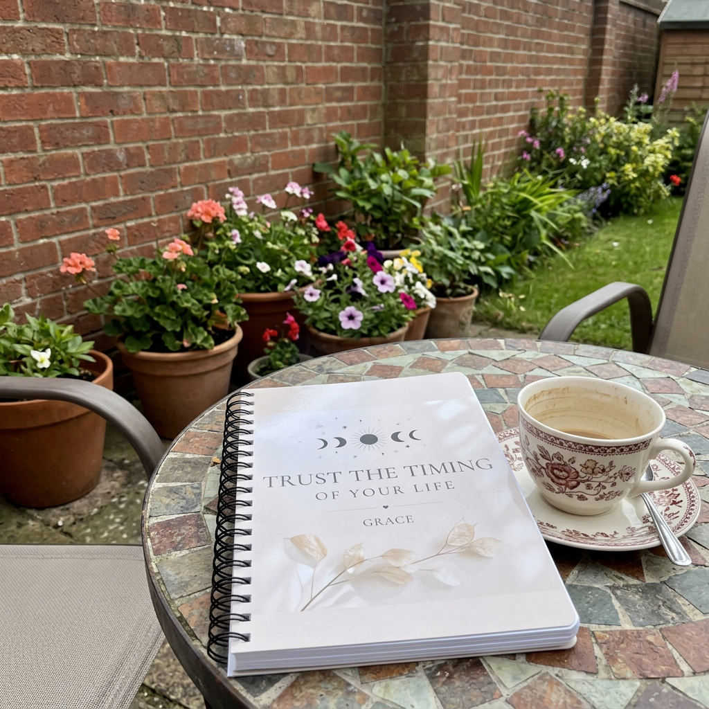 A5 lined notebook with cream cover, moon design, Trust the Timing of Your Life—GRACE