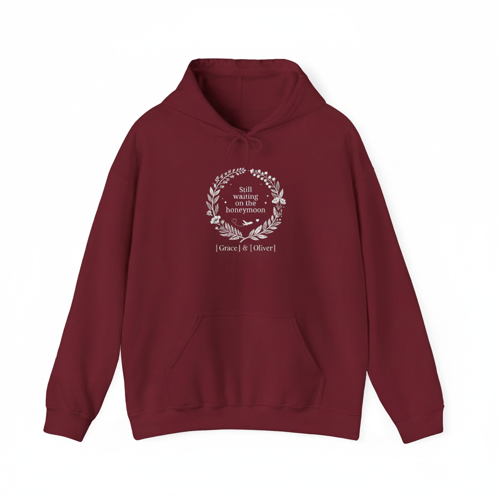 Burgundy personalized couples hoodie with front pouch, hood drawstrings, wreath text print
