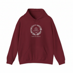 Burgundy personalized couples hoodie with front pouch, hood drawstrings, wreath text print