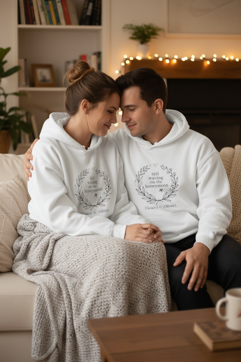 White personalized couples hoodie worn by two people, hood with front pouch and logo print
