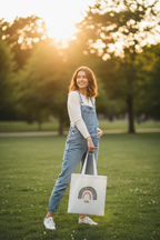 White canvas tote bag with rainbow arch print and name Mia, held by model