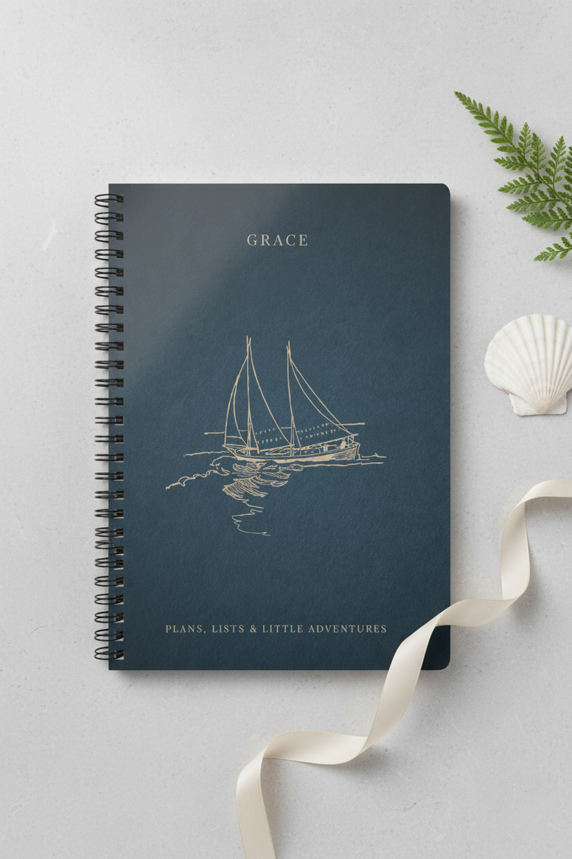 Dark teal A5 spiral notebook cover with sailboat illustration and ribbon bookmark