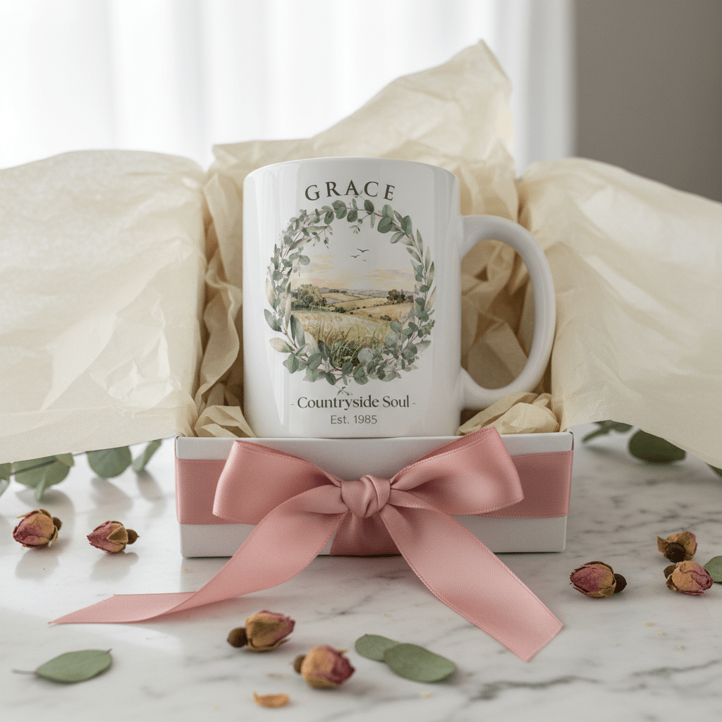 White ceramic coffee mug in gift box with ribbon, countryside wreath and name "GRACE"