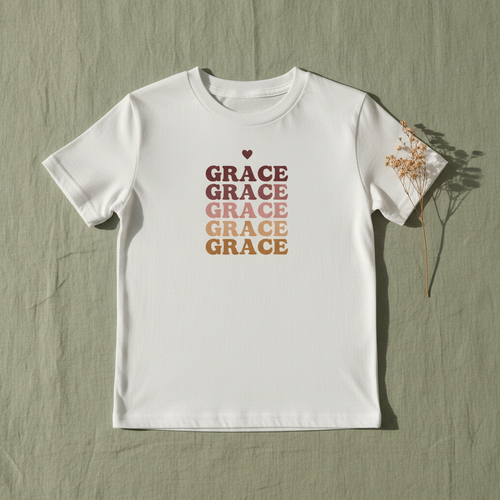 White kids retro name stack tee with stacked “GRACE” text and small heart above.
