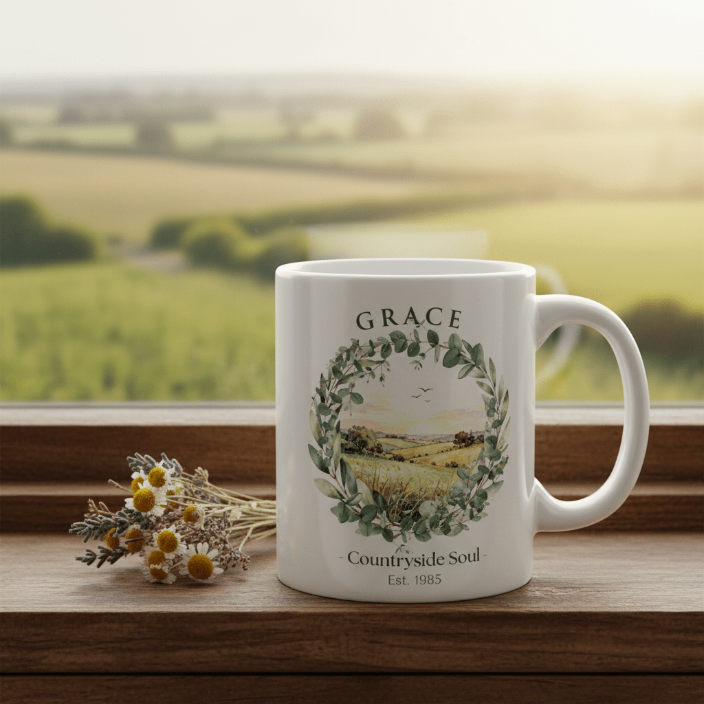 White ceramic coffee mug with countryside wreath graphic and name "GRACE"