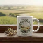 White ceramic coffee mug with countryside wreath graphic and name "GRACE"
