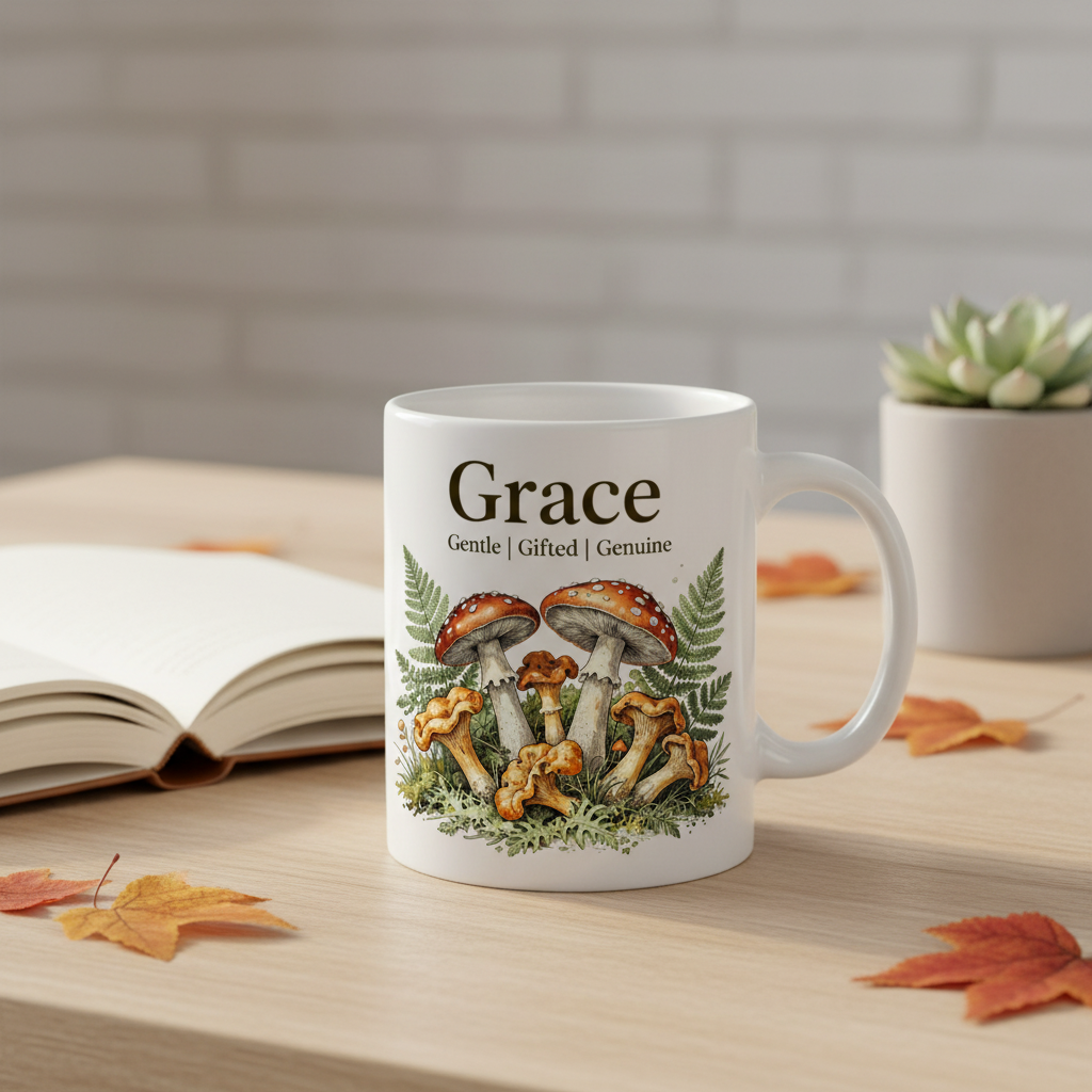 White ceramic mug with handle, Grace name and botanical mushroom illustration.