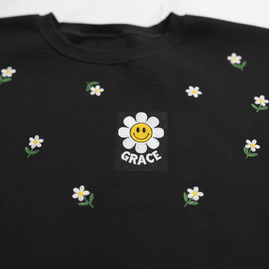 Black sweatshirt with scattered embroidered daisies and center patch reading GRACE