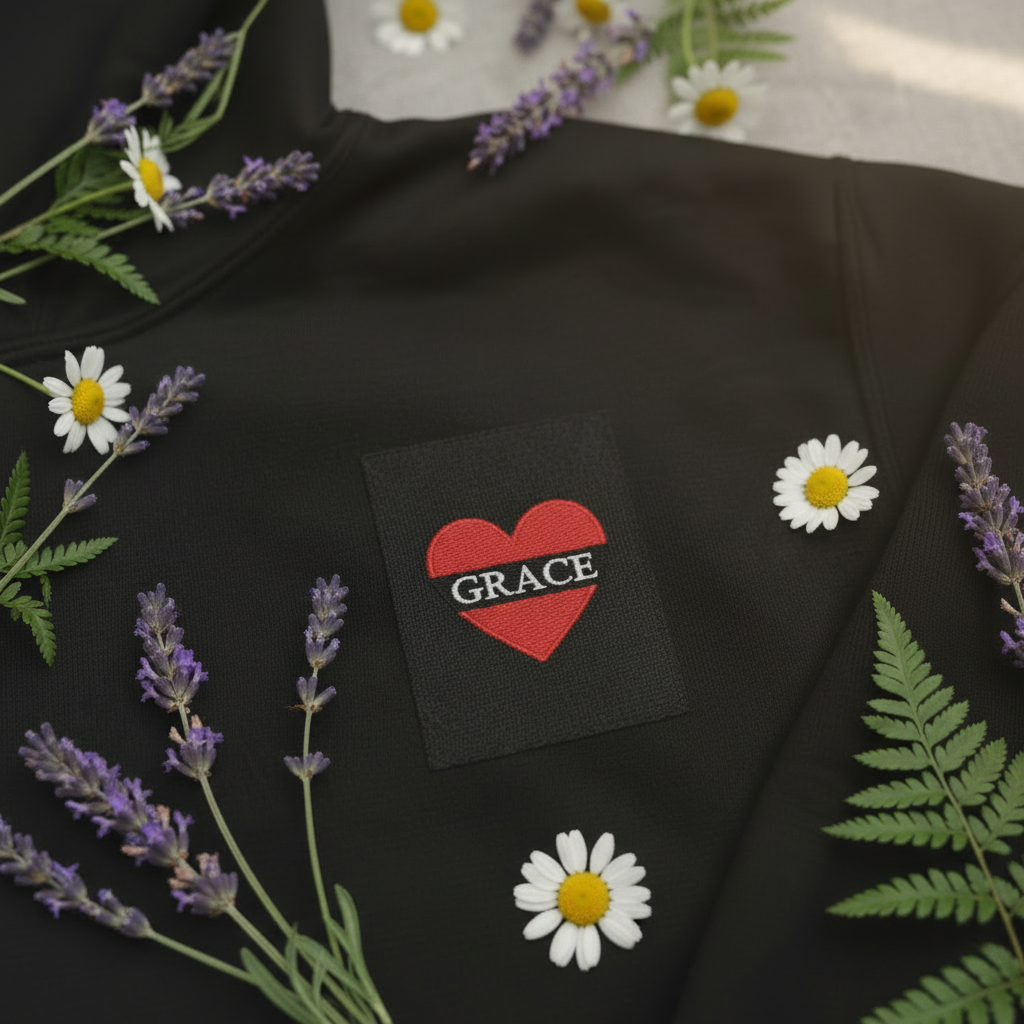 Black hoodie with red heart patch 'GRACE' on the chest
