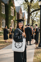 White tote bag with Class of 2026 wreath and graduation cap, held at graduation