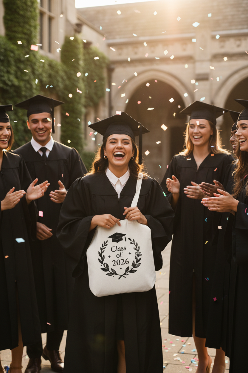 White graduation tote bag with 'Class of 2026' wreath design