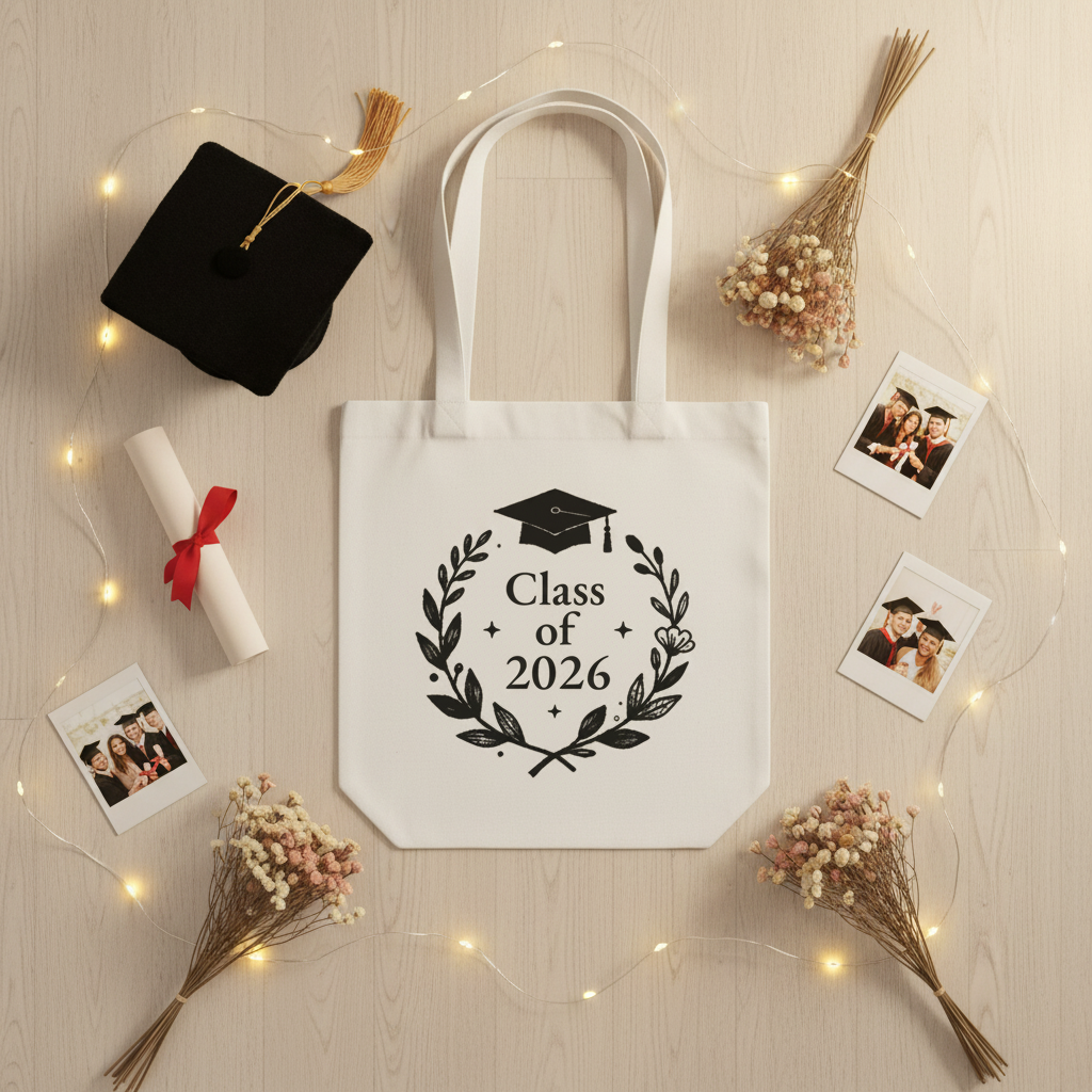 White graduation tote bag with 'Class of 2026' graduation cap wreath