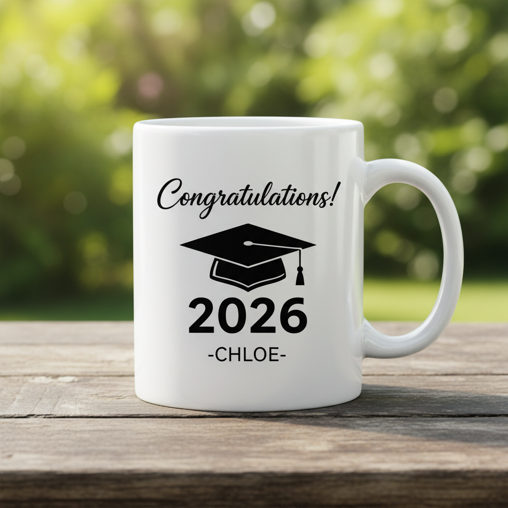 White ceramic graduation mug with 'Congratulations!' 2026 and CHLOE name text