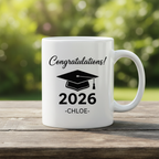 White ceramic graduation mug with 'Congratulations!' 2026 and CHLOE name text