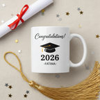 White ceramic graduation mug with 'Congratulations!' 2026 and FATIMA name text