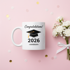 White ceramic graduation mug with 'Congratulations!' 2026 and HANNAH name text