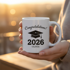White ceramic graduation mug held up with 'Congratulations!' 2026 and OLIVIA name text