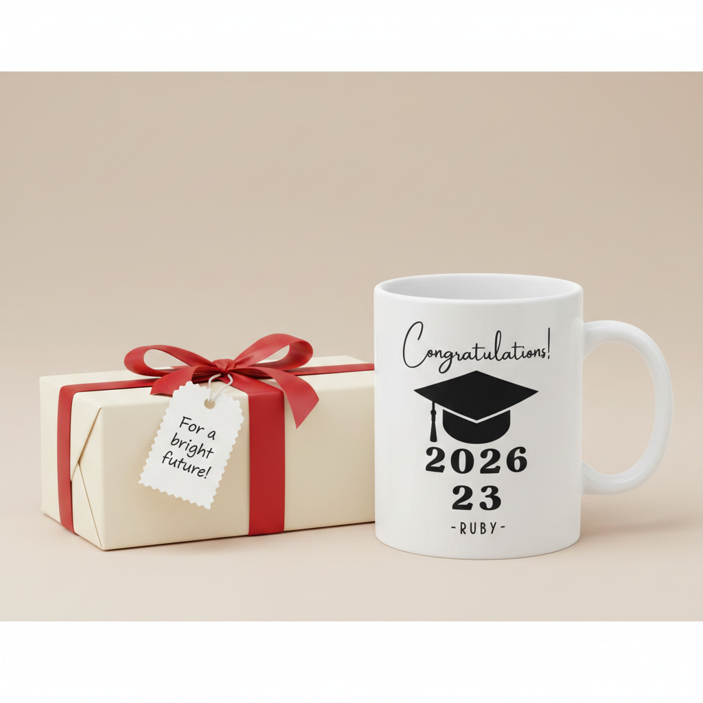 White ceramic graduation mug with 'Congratulations!' 2026 and 23 for RUBY name text