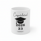 White ceramic graduation mug with 'Congratulations!' 2026 and 23 for SOPHIE
